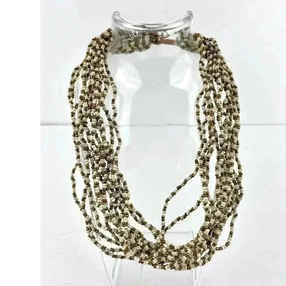 Multi Strand Layered White Gold Seed Bead Statement Necklace 18" - Picture 1 of 6
